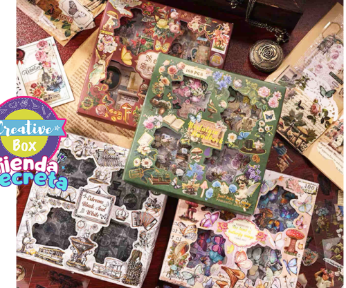 Caja 100 stickers Vintage - Scrapbooking | Creative Box Colombia