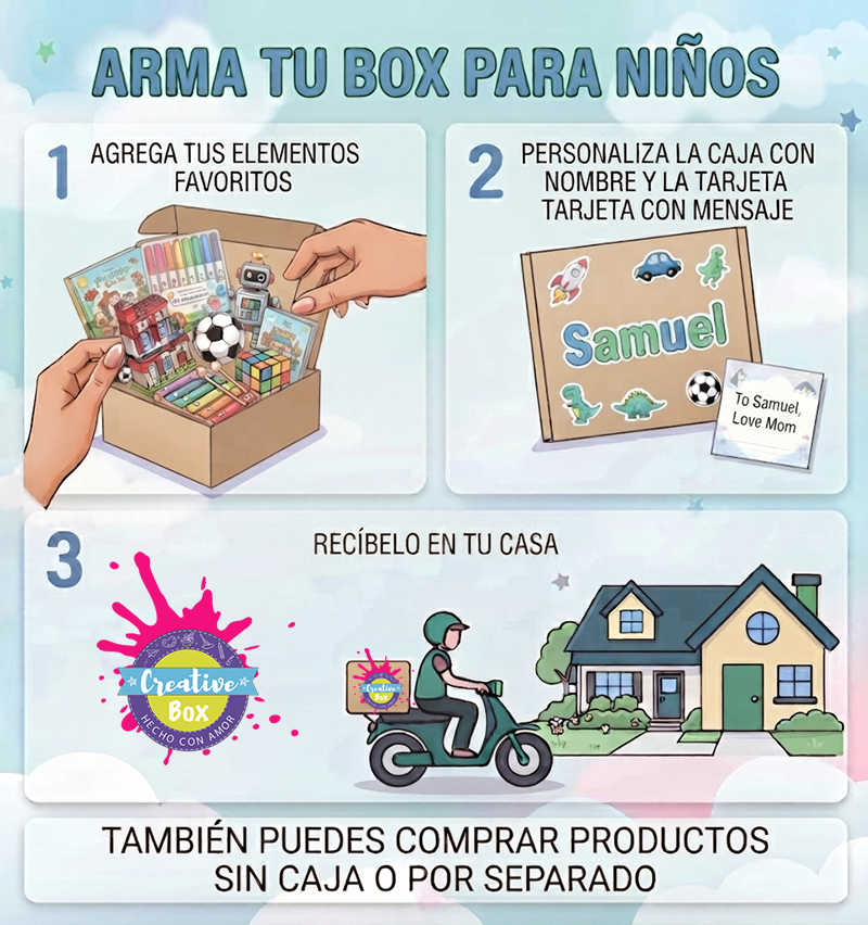 arma una caja de regalo online para niños con materiaes didacticos y creativos